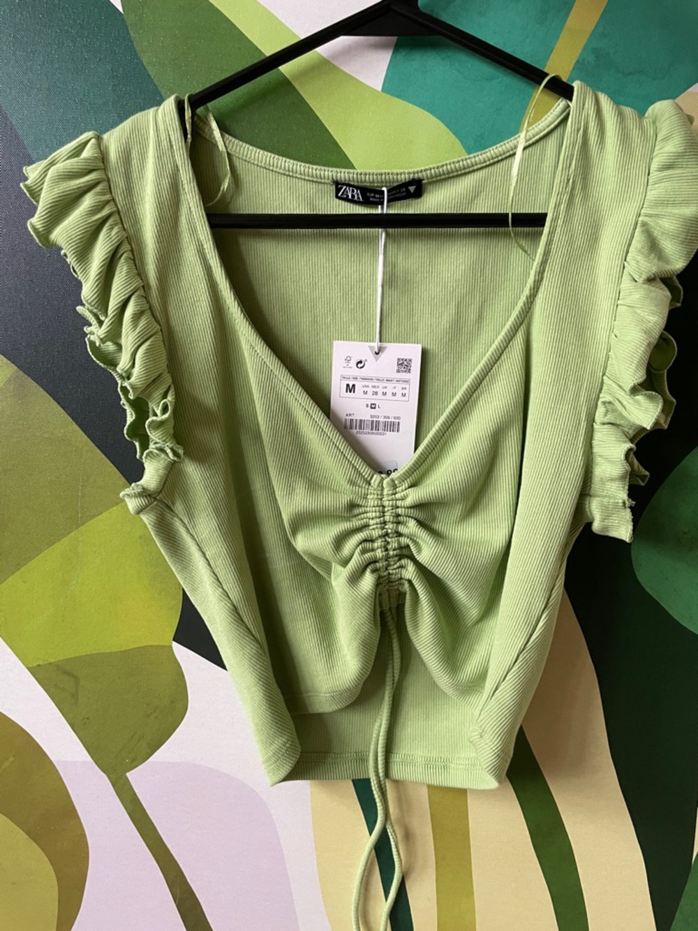 ZARA Light Green Ruched V-Neck Crop Top with Ruffle Sleeves